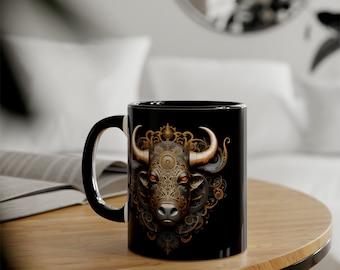 Taurus mug, Taurus zodiac coffee or tea mug, celestial ornate decoration, astrology gift, Taurus symbol cosmic elegance, psychedelic design