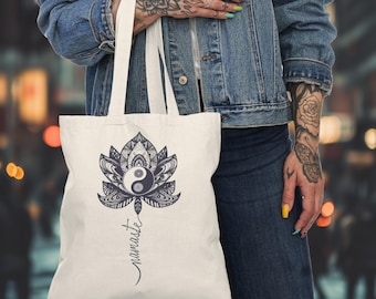 Yoga Tote Bag, Eco-friendly Namaste Lotus Design, Reusable Boho Shoulder Bag, Spiritual Gift, Natural Shopping Bag, Eco-Friendly Bag