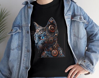 Siamese cat, Unisex T-shirt Geared cat, cat lover gift, tech lover gift, futuristic art, unique industrial design, gift for him gift for her