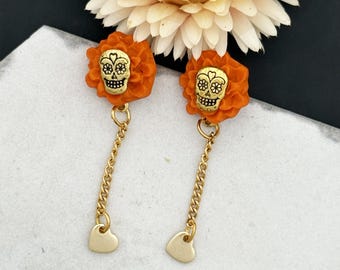 Dia de Muertos Earrings: Cempasúchil Flower, Golden Skull & Heart