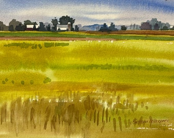 Distant Farm - Original Watercolor Painting by Jill Stefani Wagner, Matted