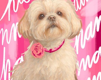 May include: An illustration of a fluffy, cream-colored Shih Tzu dog with a pink collar and rose accent. The background is a vibrant pink with white script. The dog has a topknot and a sweet expression.