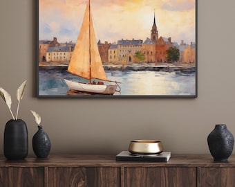Arte de veleiro de porto | Decoração de parede de casa de praia | Arte horizontal grande | Impressão de cena de veleiro vintage | Arte extragrande