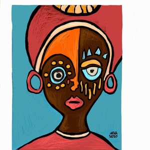 May include: A colorful abstract portrait of a person with a red head covering, blue eyes, and a brown face. The person is wearing a red shirt and the background is blue. The artist's signature "NIBA 2020" is in the bottom right corner.