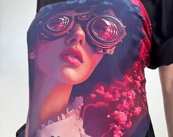 AI Art Silk Scarf: Futuristic Girl Portrait, 65x65cm