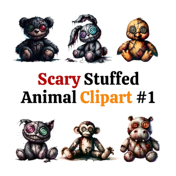 Scary Toy Stuffed Animals Watercolor Clipart PNGs - Pack 1: Bear, Rabbit, Chick, Cat, Monkey, Hippo, Creepy stuffed dolls