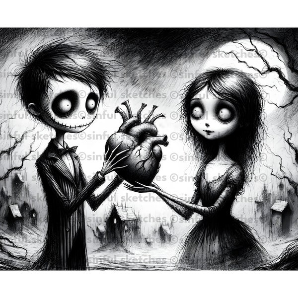 Tim Burton Style Zeichnung Digitale Skizze Bild PNG - My Heart Is Yours Süßes gruseliges Gothic Valentinstag Geschenk, Romantische Liebe Illustration