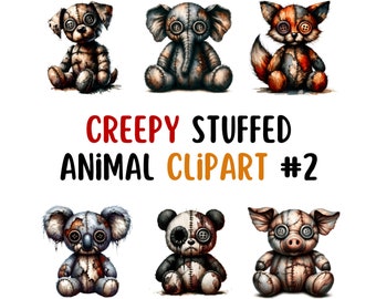 Peut inclure: Six illustrations d'animaux en peluche effrayants, dont un chien, un éléphant, un renard, un koala, un panda et un cochon. Chacun a des yeux en bouton et une apparence cousue et délavée. Le texte indique "Creepy Stuffed Animal Clipart #2".