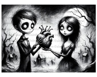 V-Day Gift for Her | Tim Burton Style Drawing Digital Sketch Image PNG | Creepy Gothic Valentine's Day Gift | Romantic Valentinesday Couple