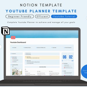 May include: A laptop screen displaying a Notion template for a YouTube planner. The template is titled "YouTube Dashboard" and includes sections for "My Videos", "Branding & Growth", "Sponsors & Affiliate Links", "Video Ideas", "Income & Expenses", "Upcoming Tasks", "My Channel", and "Socials". The date "06 02" is displayed in the top right corner of the screen. The text "Continously Updated" is displayed in a white circle with a blue outline in the bottom right corner of the image.