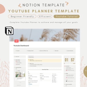 May include: A screenshot of a Notion template for a YouTube planner. The template is designed to help users manage their YouTube channel and achieve their goals. The template is organised into sections for branding and growth, sponsorships and affiliate links, video ideas, upcoming tasks, and income and expenses. The template is designed in a boho theme with a light brown background and a light brown and white colour scheme.
