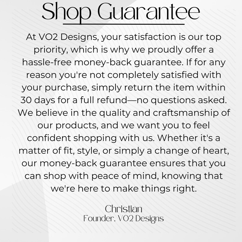 以下が含まれることがあります： 白い背景に「Shop Guarantee」と書かれたテキストがあり、VO2 Designsの返金保証の詳細が記載されています。テキストでは、満足保証について説明し、30日以内の全額返金を提供しています。