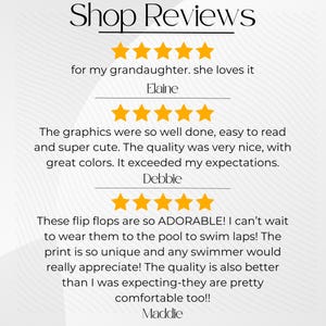 以下が含まれることがあります： 「Shop Reviews」のテキストが上部にあり、顧客レビューが表示されたグラフィック。各レビューには5つ星の評価と引用が含まれています。レビューはElaine、Debbie、Maddieによるものです。