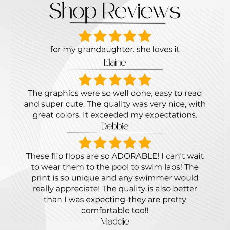 以下が含まれることがあります： 「Shop Reviews」のテキストが上部にあり、顧客レビューが表示されたグラフィック。各レビューには5つ星の評価と引用が含まれています。レビューはElaine、Debbie、Maddieによるものです。