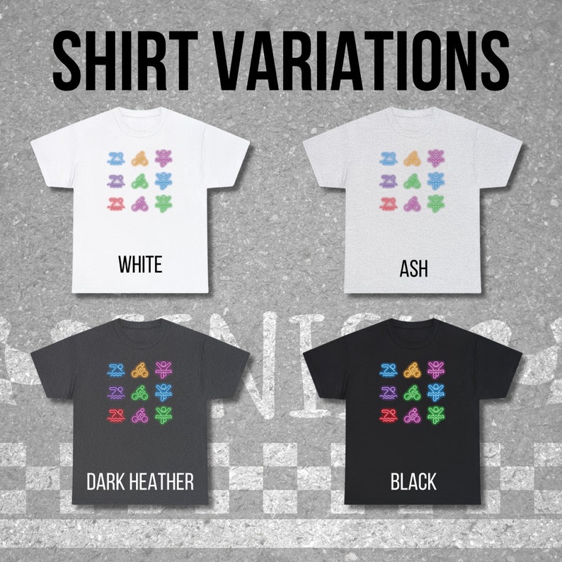 以下が含まれることがあります： 白、アッシュ、ダークヘザー、黒の4色のTシャツ。それぞれ、カラフルな抽象的な形の繰り返し模様がプリントされています。「SHIRT VARIATIONS」の文字が上にあり、各シャツの下に色の名前が書かれています。