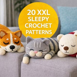 Zestaw 20 wzorów szydełkowych na śpiące zwierzaki – 20 wzorów na pluszowe poduszki amigurumi | samouczek dla początkujących: pręgowane koty, psy, jednorożce, smoki, krowy, lisy