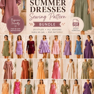 May include: A digital sewing pattern bundle for 20 summer dresses, featuring text that reads 20 SUMMER DRESSES Sewing Pattern BUNDLE, 20 STYLES, ALL SEASONS, SIZES XS-5XL, PDF PATTERNS. The image displays 20 different dress styles in various colours.
