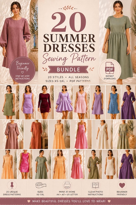 dressmaking patterns ladies dresses Summer Dress 20 Sewing Summer Bundle, PDF Dress Patterns, Women's Sewing Patterns, XS-5XL, Instant Download, A0 A4 US Letter wedding guests