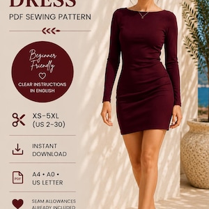 May include: A PDF sewing pattern for a Martini Dress, featuring a long-sleeved, dark burgundy mini dress with a boat neckline. The text includes 'Martini Dress', 'Beginner Friendly', 'XS-5XL (US 2-30)', 'Instant Download', 'A4, A0, US Letter', and 'Seam Allowances Already Included'.