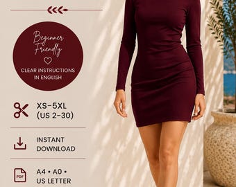Mini Dress Sewing Pattern PDF, Fitted Summer Long SleeveDress Pattern, Bodycon Dress, Instant Download, XS-5XL, A4 A0 US Letter Summer diy