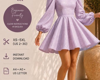 Patrón de costura en PDF para vestido de verano, corte entallado y con vuelo, manga larga, estilo cottagecore, tallas XS-5XL, descarga instantánea en PDF.