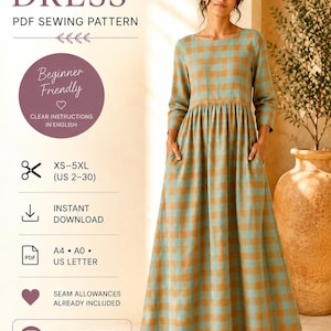 Summer Maxi Dress Sewing Pattern PDF, Women’s Long Sleeve Linen Dress, XS-5XL, Instant Download, A4 A0 US Letter | Linen dress | Cotton diy