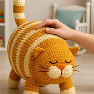 Op de afbeelding: Een handgemaakte, ronde gehaakte kat in oranje en crèmekleurige strepen. De kat heeft gesloten ogen, een kleine oranje neus en snorharen. De staart staat rechtop. Het is een zacht speelgoed.