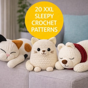 Zestaw 20 wzorów szydełkowych na śpiące zwierzaki – 20 wzorów na pluszowe poduszki amigurumi | Samouczek dla początkujących: koty, psy, jednorożce, smoki, krowy, lisy