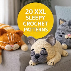 Pacchetto di 20 modelli di animali domestici all'uncinetto - 20 modelli di peluche amigurumi / Cuscini a forma di gatti, cani, unicorni, draghi, mucche, orsi polari e volpi