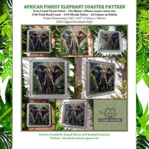 Puede incluir: Un patrón de posavasos de cuentas con un elefante en un entorno de bosque. El patrón es para un posavasos de 7,82 cm por 7,80 cm y utiliza 2760 cuentas. El patrón está disponible solo como descarga digital.
