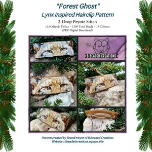 Op de afbeelding: Een digitaal downloadpatroon voor een kralenlynx haarspeld. Het patroon heet "Forest Ghost" en is gemaakt met 11/0 Miyuki Delica kralen in 15 kleuren. Het patroon is voor een 2-drop peyote steek en gebruikt 1200 kralen. Het patroon is gemaakt door B Beaded Creations.