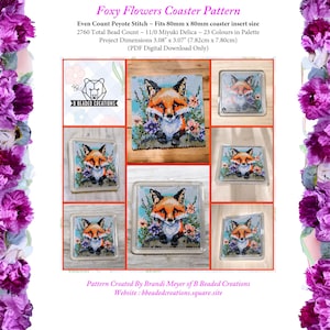 Puede incluir: Un conjunto de posavasos cuadrados con un diseño de zorro y flores con cuentas. El zorro tiene pelaje naranja, blanco y negro, rodeado de flores coloridas sobre un fondo azul claro. Los posavasos miden aproximadamente 7,82 cm x 7,80 cm.