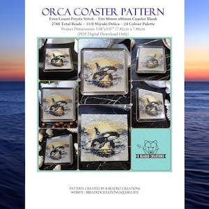 Könnte beinhalten: Ein digitaler Download-Muster für einen geperllten Orca-Untersetzer. Das Muster ist für einen Untersetzer von 7,82 cm x 7,80 cm und verwendet 2760 Perlen. Das Muster wurde von B Beaded Creations erstellt.