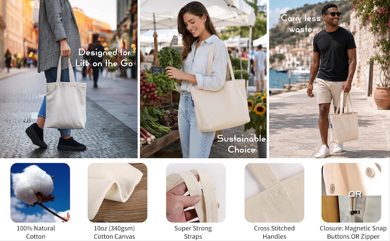 Op de afbeelding: Een effen gebroken witte katoenen canvas tas met twee schouderbanden. De tas heeft kruislings gestikte handvatten en een keuze uit een sluiting met magnetische drukknopen of een rits. Materiaal van 100% katoen, 340 g/m&sup2;.