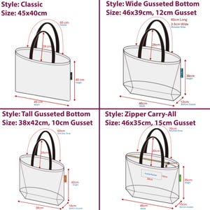 Op de afbeelding: Vier technische lijntekeningen van draagtassen met labels: Classic 45x40cm, Wide Gusseted Bottom 46x39cm met 12cm bodemvouw, Tall Gusseted Bottom 38x42cm met 10cm bodemvouw en Zipper Carry-All 46x35cm met 15cm bodemvouw, inclusief afmetingen.