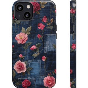Denim Quilt Roses Phone Case: Boho Floral Tough Case