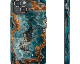 Telefoonhoesje met turquoise kristallen geode, beschermende dubbellaagse cover