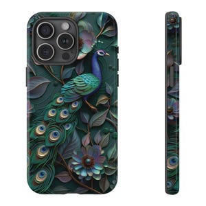 Custodia rigida per telefono con motivo floreale a pavone: protezione con piume iridescenti
