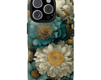 Op de afbeelding: Een telefoonhoesje met een bloemenpatroon in teal, wit en geel tegen een donkere achtergrond. Een kleine vogel zit op een tak. De hoes heeft een glanzende afwerking en een camera-uitsparing.