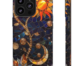 Celestial Stained Glass Phone Case: Sun, Moon & Floral Design