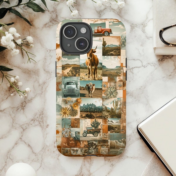 Cowgirl Mood Board Wild West Wanderlust  iPhone Samsung Google Phone Case, Cowgirl Themed Collage Phone Case, Cute Country Cow Themed Case