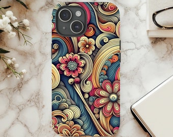 Retro 70-tals blommigt vågigt iPhone-skal: Boho tufft telefonskal