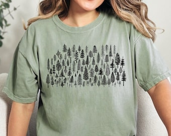 Minimalist Pine Tree Forest T-Shirt: Black Line Art, Nature Lover Gift