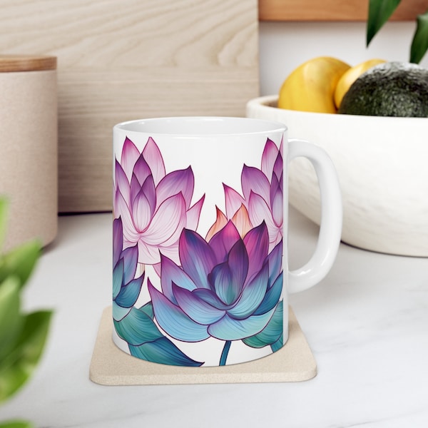 Lotus Flower Coffee or Tea Mug Art Deco Art Nouveau Style 11 Oz Size For Yoga Meditation Floral Lovers Pretty Purple and Teal Design