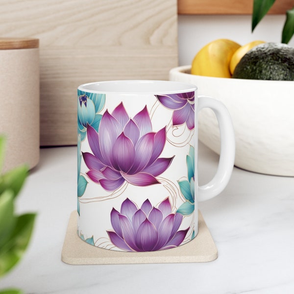 Lotus Flower Coffee or Tea Mug Art Deco Art Nouveau Style 11 Oz Size For Yoga Meditation Floral Lovers Pretty Purple and Teal Design
