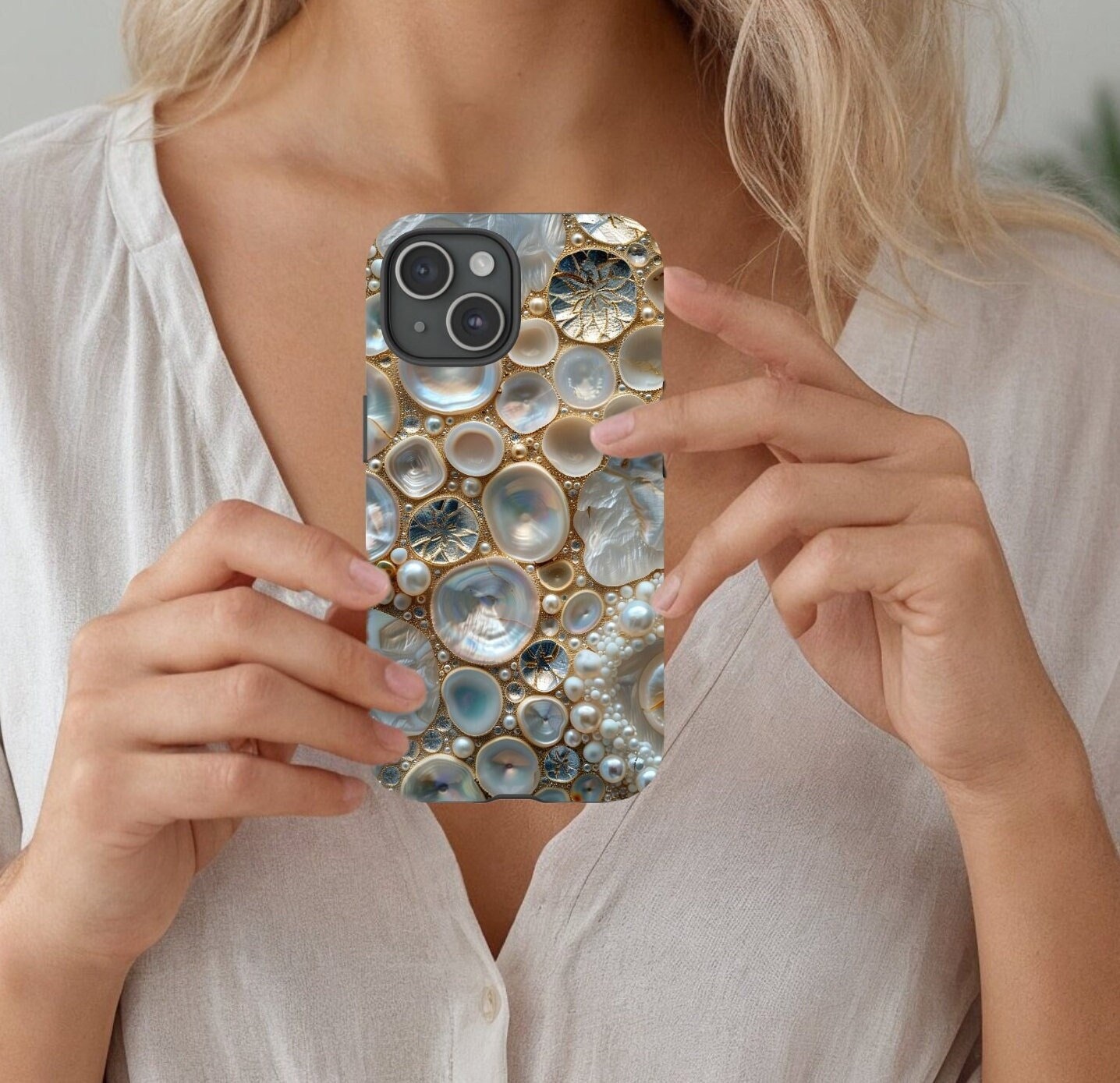 Mother of Pearl Shells Gold iPhone Samsung Google Phone Case