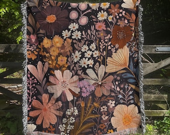 Wildflower Woven Cotton Blanket, Floral Tapestry Throw