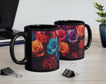 Graphic Art Pressed Roses Coffee Mug - Floral Tea Cup, 11 oz