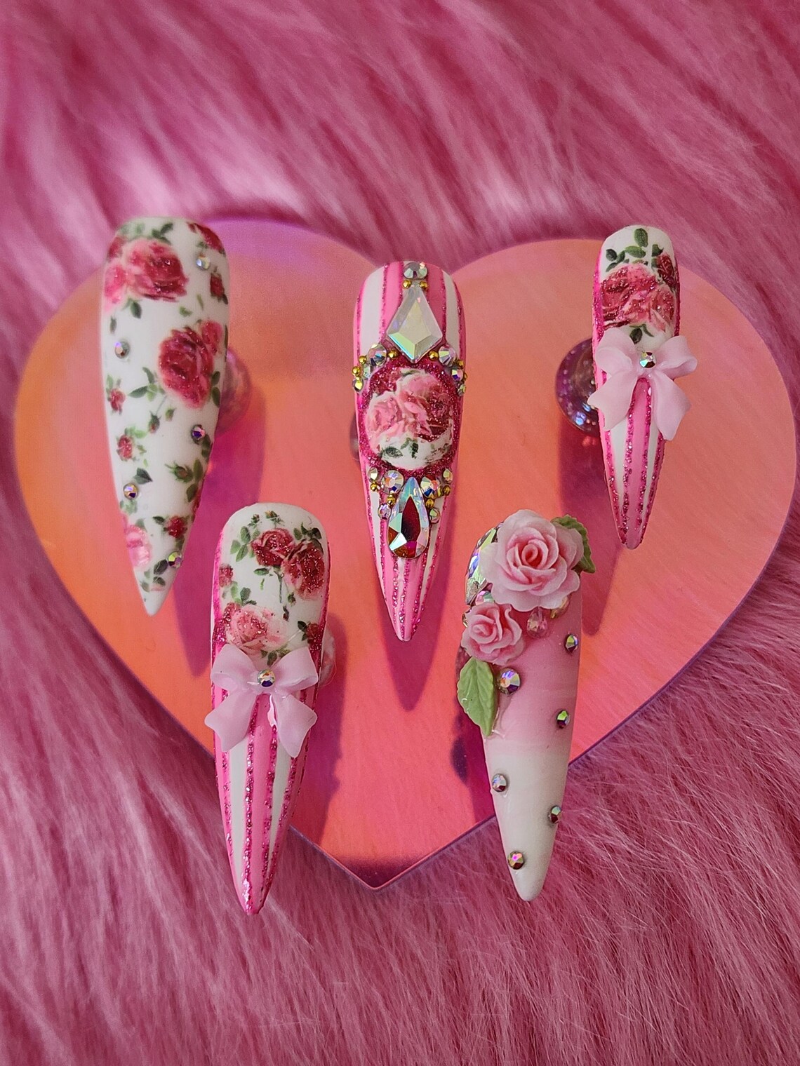Pink Nails With Roses Pink Rose Nails - Etsy