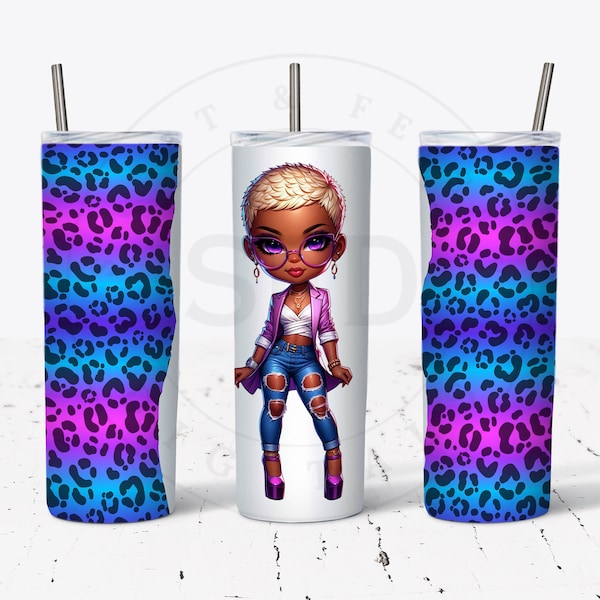 Digital Funky Leopard Print & Fashion Doll Tumbler Wrap for 20oz Skinny Stainless Steel Tumblers, Limited Quantity available